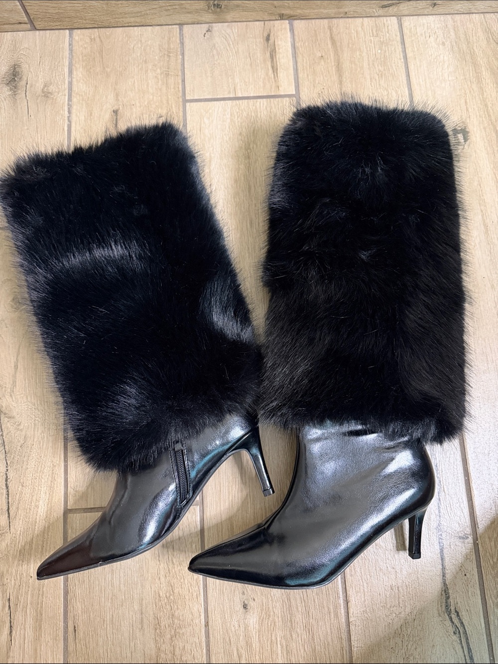 Faux Fur Black Mid-Calf Pointed Toe Heeled Boots